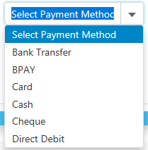 Bulk payment methods: bank transfer, bpay, card, cash, cheque, direct debit